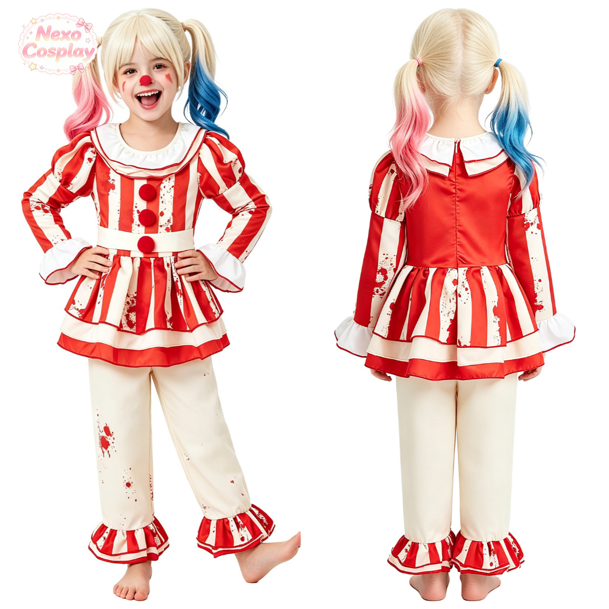 Halloween Costume Kids - Fantasia de Palhaço de Terror Listrado